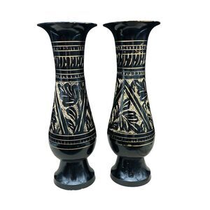 Pair of Vintage Meenakari Enameled Metal Etched Black Brass Candle Holders/Vases